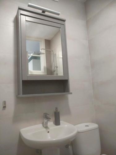 a bathroom with a sink and a mirror and a toilet at Plaza Mayor de León 3ª planta en edificio histórico sin ascensor con vistas privilegiadas in León