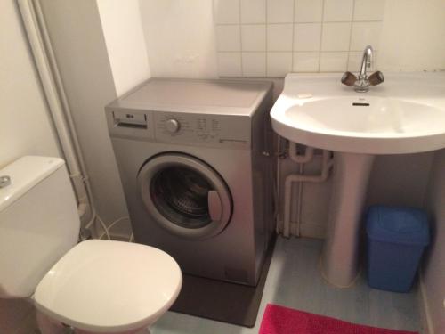une salle de bain avec une machine à laver et un lavabo dans l'établissement Le Dolmen, à La Celle-sous-Gouzon