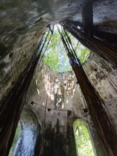 a view from the inside of a building with a window at Kaz a Klemence Gite creole avec piscine et table dhotes a Anse Bertrand in Anse-Bertrand