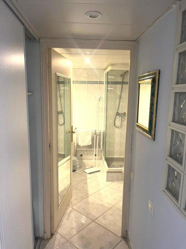 une salle de bain avec une douche à l'italienne et une porte vitrée dans l'établissement Menton center 200 m from the sea, terrace and garage, à Menton