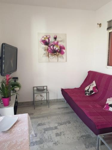 un salon avec un canapé rouge et une télévision dans l'établissement Ajaccio VUE MER IMPRENABLE 4a5 Pers, à Ajaccio