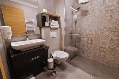 a bathroom with a toilet and a sink and a shower at Vinarija Aleksandrović Rooms in Topola