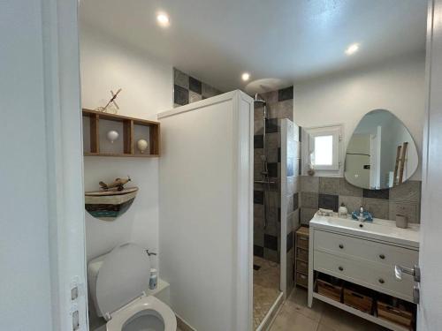 une salle de bain avec toilettes, lavabo et miroir dans l'établissement Desbo, à Valras-Plage