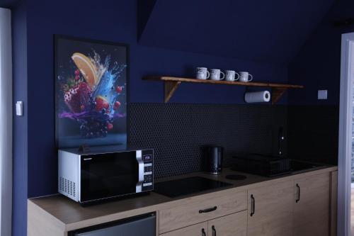 a kitchen with a microwave on a counter with a blue wall at The Castle Terrace Apartment 100m2 in Ciechanów
