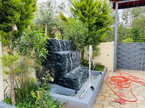 a water fountain in the middle of a garden at Red Moon Homestay in Chikmagalūr