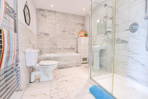 a bathroom with a shower and a toilet and a sink at The Coach House at Moyglare Manor in Maynooth