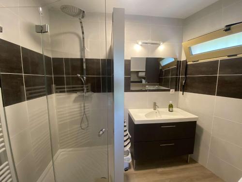 une salle de bain avec douche et lavabo dans l'établissement Le charme de Sanary Portissol à 100 m de la plage, Jardin, garage, climatisation..., à Sanary-sur-Mer
