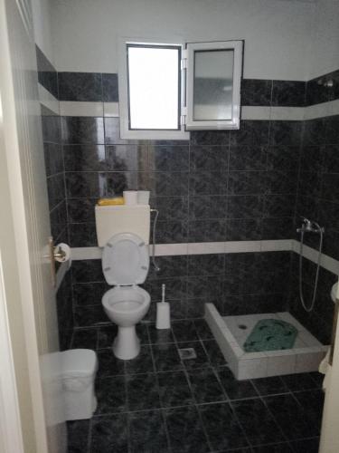 a bathroom with a toilet and a window and a tub at Katerina in Ormos Panagias
