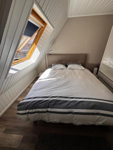 une chambre avec un grand lit dans un grenier dans l'établissement Joli 2 pièces, avec climatisation et grande terrasse, vue sur les toits, zone piétonne, à Haguenau