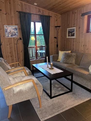 Χώρος καθιστικού στο Adventurous cabin cozy on Sjusjøen with sauna!
