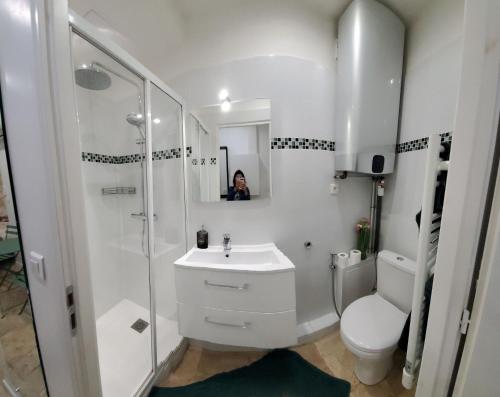 une salle de bain blanche avec un lavabo et des toilettes dans l'établissement STUDIO CENTRE CANNES FORVILLE, à Cannes