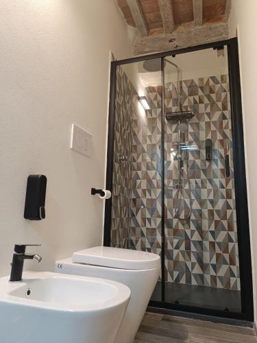 a bathroom with a shower and a toilet and a sink at Il Rifugio del Borgo in Città della Pieve