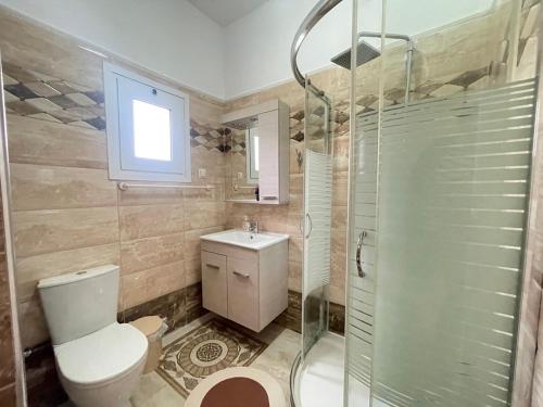a bathroom with a toilet and a shower and a sink at Poseidon Horizon in Leptokaria