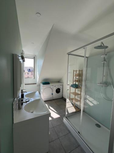 une salle de bain avec un lavabo et une douche en verre dans l'établissement Sunset Dieppe, à Dieppe