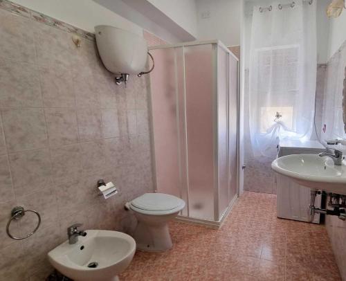 a bathroom with a toilet and a sink and a shower at Alice Apartment in Tropea