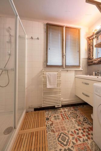 une salle de bain avec douche et lavabo dans l'établissement Savoielac - La Clusaz - Pied des pistes : Appartement Primevères, à La Clusaz