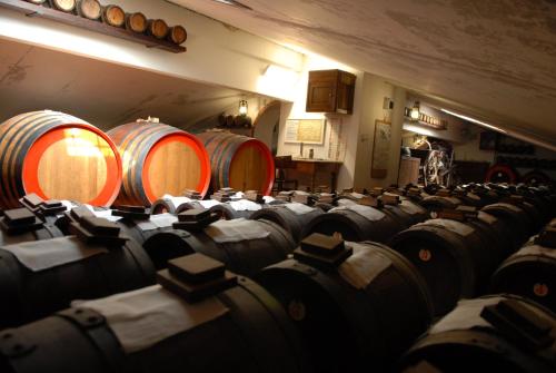 a group of wine barrels in a room at Pidkova in Modena