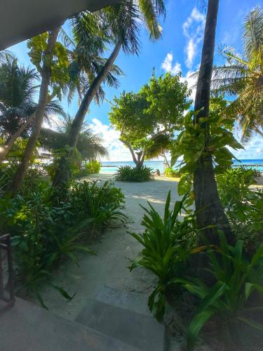 a view of a beach with palm trees and the ocean at Thundi Sea View in Fulidhoo