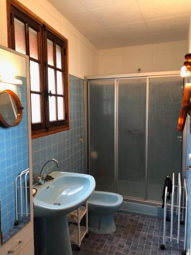 La salle de bains est pourvue d'un lavabo, d'une douche et de toilettes. dans l'établissement Maison calme avec jardin à Gramat, à Gramat