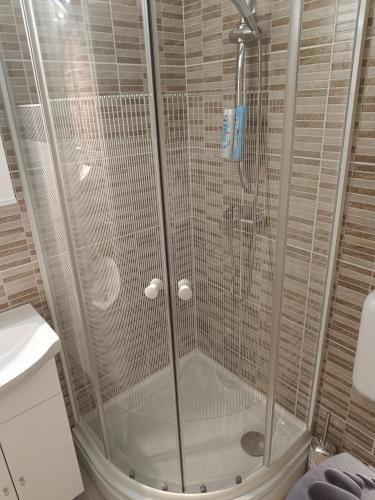a shower with a glass enclosure in a bathroom at Harka Central Apartman in Harkány