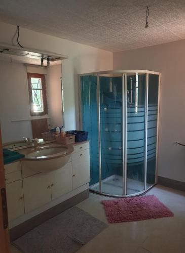 une salle de bain avec une douche en verre et un lavabo dans l'établissement cabanon en autonomie solaire 1 a 4 personnes a 900 m des plages de valras, confort simple sans équipements energivores, à Valras-Plage