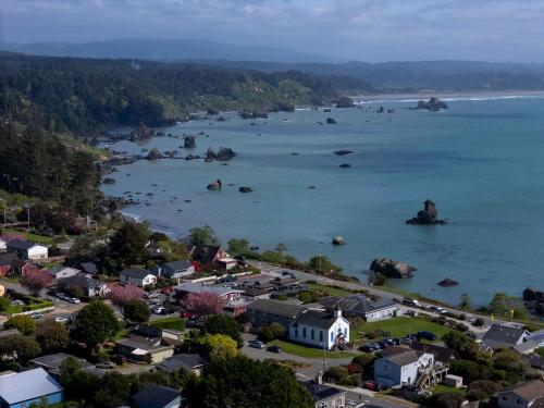 an aerial view of a town and a large body of water at Lookout At Trinidad Bay in Trinidad