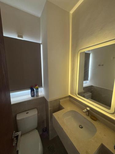 a bathroom with a toilet and a sink and a mirror at Villa Mountain View 4 October in ‘Ezbet `Abd el-Ḥamîd