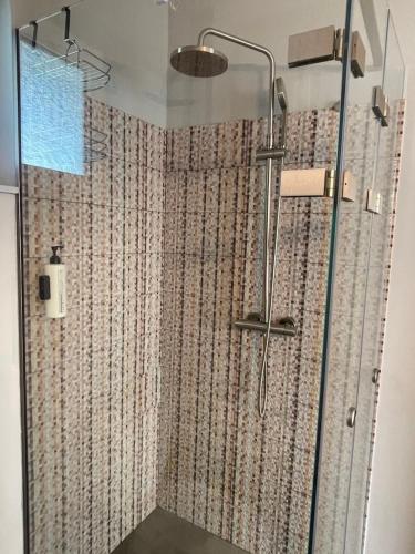 a bathroom with a shower with a glass door at Marion Apartments in Kourouta