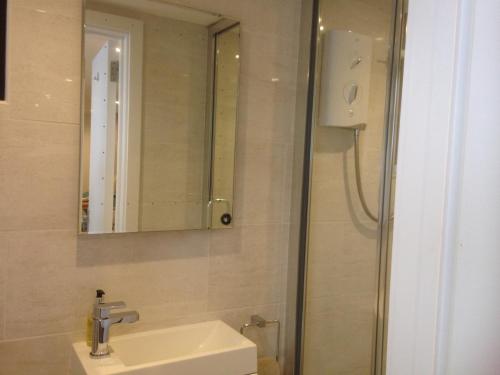 a bathroom with a sink and a shower with a mirror at The Studio in Newmarket