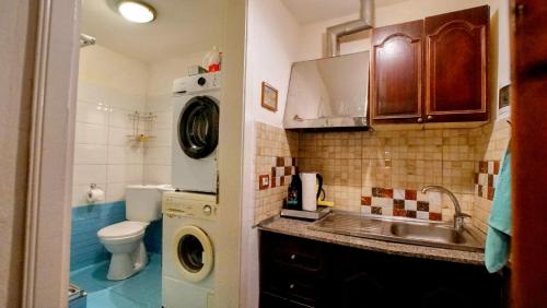 a small bathroom with a sink and a washing machine at The Home of Diplomacy in Gjirokastër