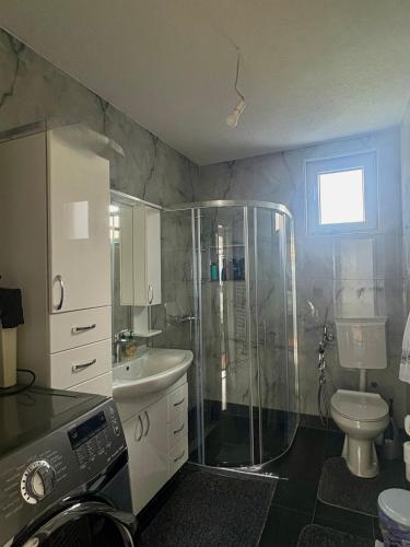 a bathroom with a shower and a toilet at Aqua Verde Sarajevo in Nišići
