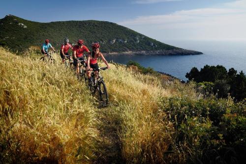 a group of people riding bikes down a hill at The Westin Resort, Costa Navarino in Romanós