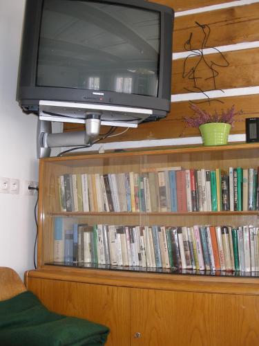 a tv on top of a book shelf with books at Pecka Penzion in Pec pod Sněžkou