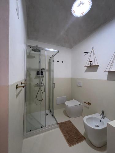 a bathroom with a shower and a toilet and a sink at S antica Domo in Sorso