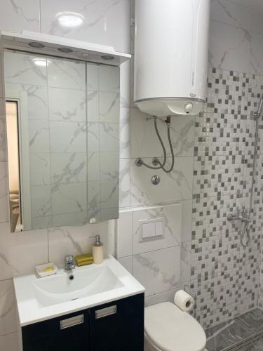 a bathroom with a sink and a toilet and a mirror at New house in Dobra Voda