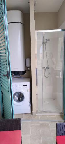 a bathroom with a washing machine and a shower at Terrazza mare e monti in Alba Adriatica