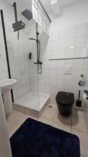 a bathroom with a shower and a toilet and a sink at Hotel Essen 32 1-Zimmer Apartment in Essen