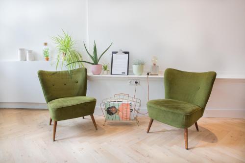 twee groene stoelen naast een plank met planten bij B&B Bloemgracht in Amsterdam