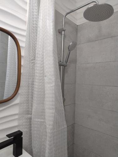 La salle de bains est pourvue d'une douche avec un rideau de douche blanc. dans l'établissement Studio cosy - proche Metro13 G Péri, à Gennevilliers