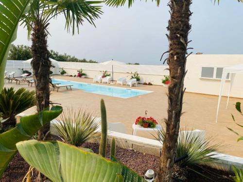 a pool with tables and chairs and palm trees at Villa Mania Casa Vacanze in Sampieri