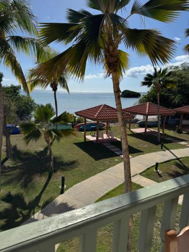 a view of the beach from the balcony of a resort at Condo Ocean View from Balcony Swimming Pool Playa Sucia in Cabo Rojo
