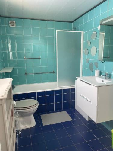 La salle de bains est pourvue de carrelage bleu, de toilettes et d'un lavabo. dans l'établissement Maison typique 2 chambres avec piscine, à Gujan-Mestras