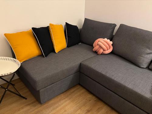a gray couch with pillows and a toy on it at Une Place A Part in Obernai