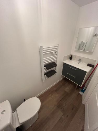 une salle de bain blanche avec des toilettes et un lavabo dans l'établissement Appartement T2 Saint Malo, Dinard, Dinan et Dol, à Miniac-Morvan