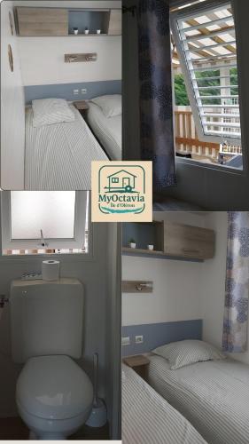 - deux photos d'une chambre avec toilettes et miroir dans l'établissement MyOctavia au sein d'un camping 5 Etoiles, à Saint-Georges-dʼOléron