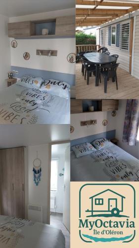 un collage de photos d'une chambre et d'une table dans l'établissement MyOctavia au sein d'un camping 5 Etoiles, à Saint-Georges-dʼOléron