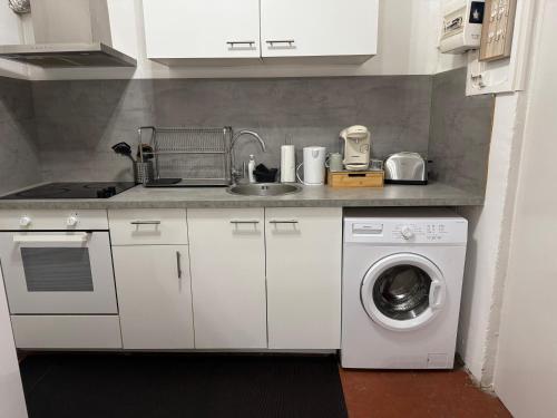 une cuisine avec un évier et une machine à laver dans l'établissement Ciotappart, à La Ciotat