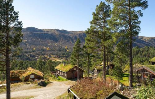 a house with grass roofs and a dirt road at Amazing Home In Hovet With Sauna in Hovet