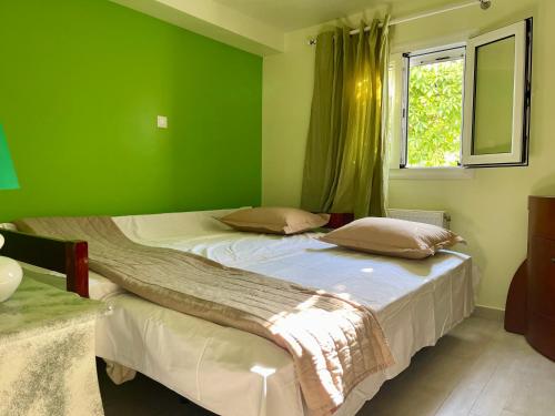 a bedroom with green walls and a bed with pillows at Jolie apartment-Panorama view in Porto Rafti
