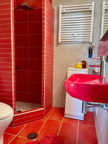 a red bathroom with a red sink and a shower at Jolie apartment-Panorama view in Porto Rafti